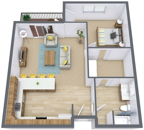 Floor plan for 1 bed, 1 bath, 747 sqft
